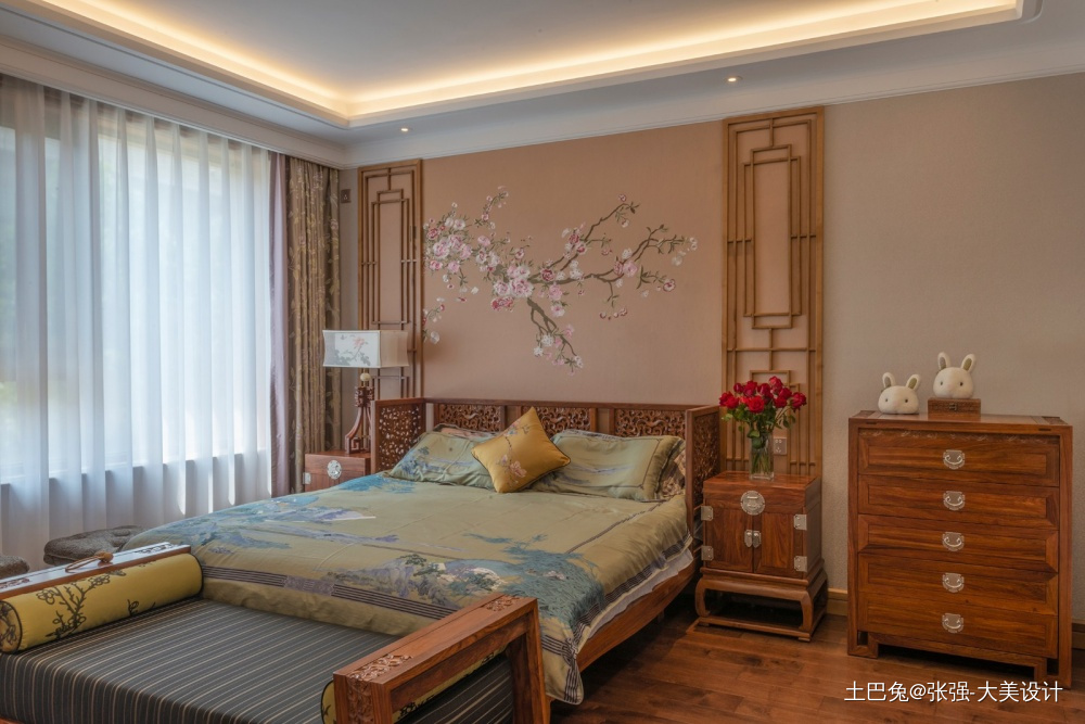 现代中式复式220平米新中式卧室设计图片赏析