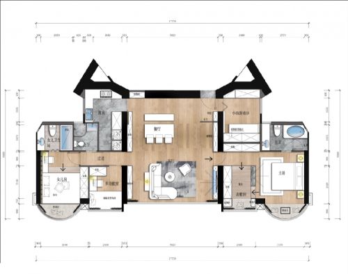 装修效果图第二步：请为图片添加描述121-150m²四居及以上现代简约家装装修案例效果图