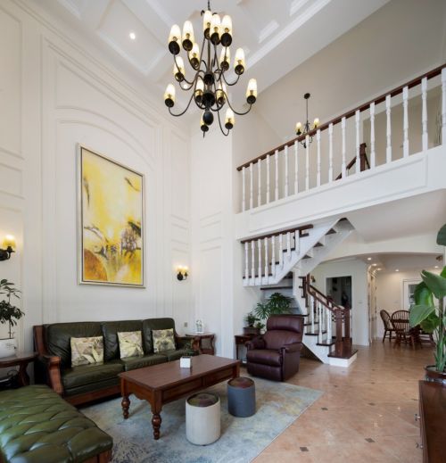 轻美风格的复式楼客厅木地板151-200m²复式美式经典家装装修案例效果图