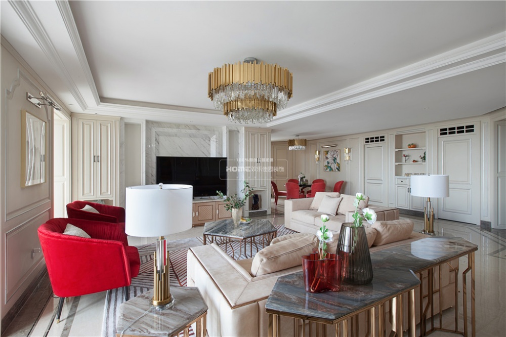 客厅沙发2装修效果图280大平层，优雅法式一点红欧式豪华客厅设计图片赏析