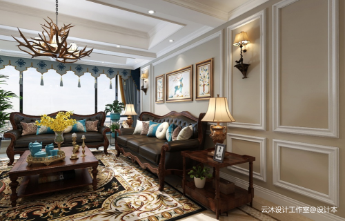 安徽美式风格客厅窗帘121-150m²四居及以上美式经典家装装修案例效果图