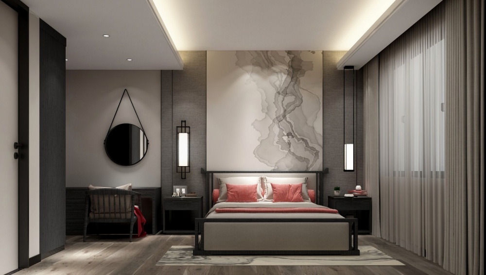 卧室瓷砖装修效果图佛山南海复式项目新中式新中式卧室设计图片赏析