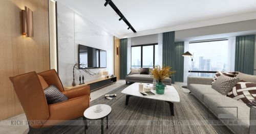 灰色与白色的搭配现代风的别墅客厅窗帘现代简约客厅设计图片赏析