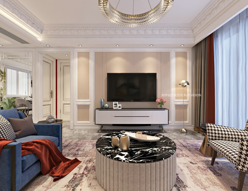 客厅电视背景墙1装修效果图美式别墅设计丨如伊视觉（6）美式客厅设计图片赏析
