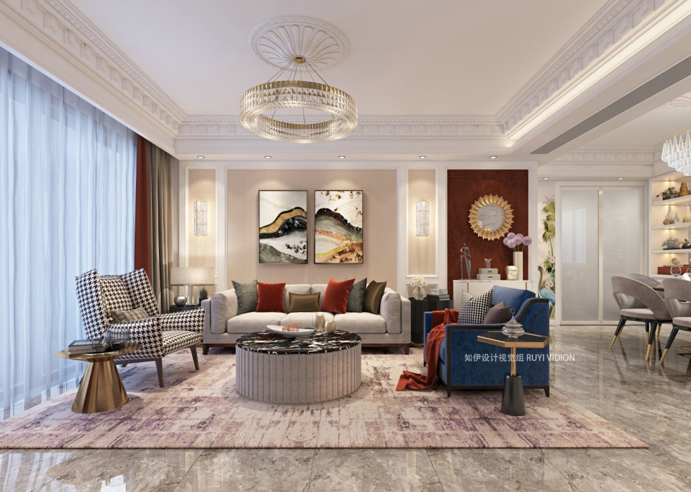 客厅窗帘2装修效果图美式别墅设计丨如伊视觉（6）美式客厅设计图片赏析