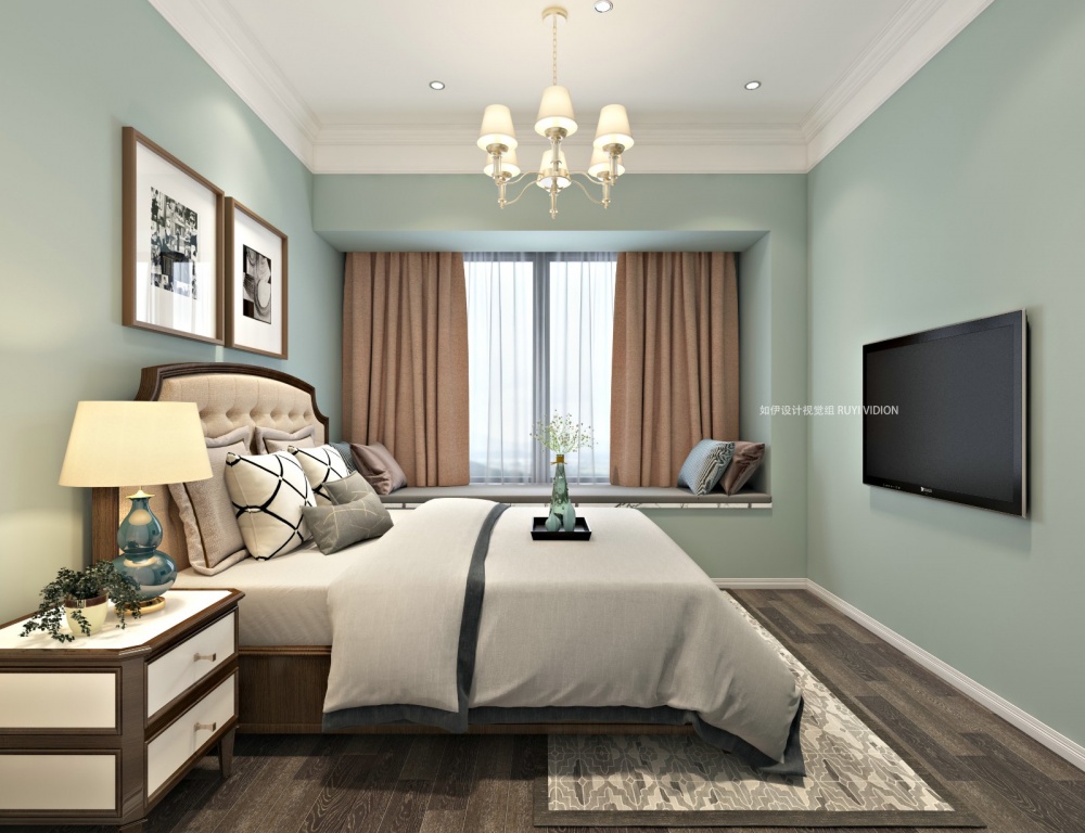 卧室窗帘2装修效果图美式别墅设计丨如伊视觉（6）美式卧室设计图片赏析