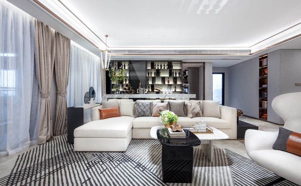 客厅窗帘装修效果图橙调：200㎡+的高级灰大宅现代简约客厅设计图片赏析