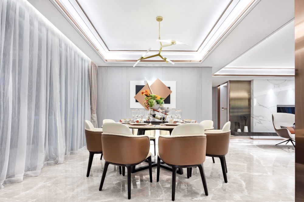 厨房窗帘装修效果图橙调：200㎡+的高级灰大宅现代简约餐厅设计图片赏析
