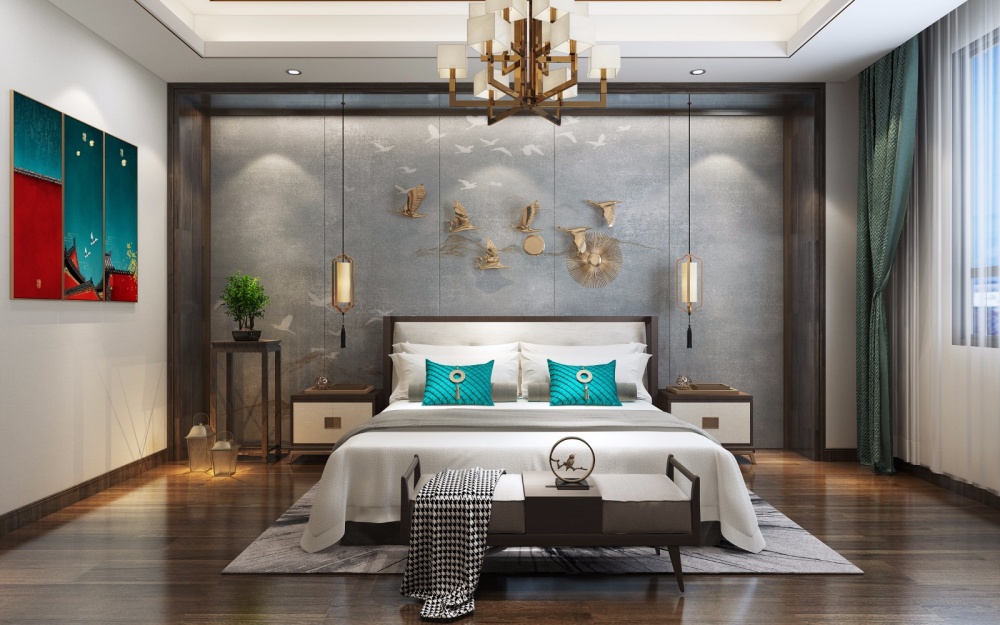 卧室窗帘2装修效果图蓝毓、新中式别墅新中式卧室设计图片赏析