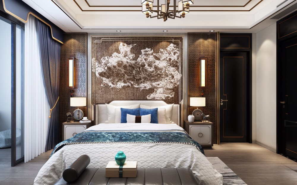 卧室窗帘1装修效果图蓝毓、新中式别墅新中式卧室设计图片赏析