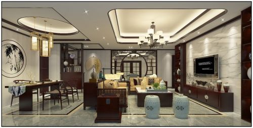惠州自建房客厅电视背景墙151-200m²四居及以上中式现代家装装修案例效果图