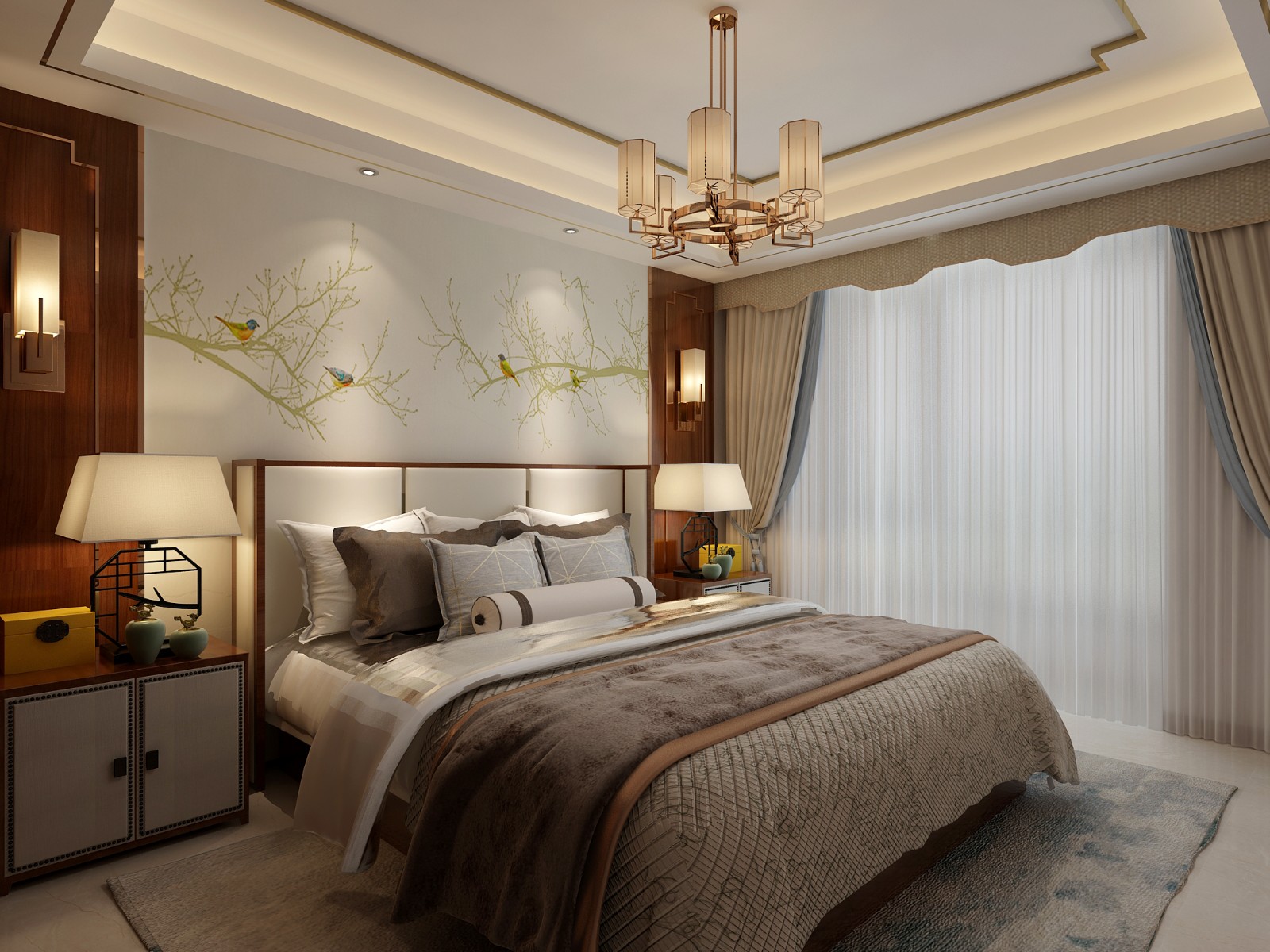 卧室窗帘装修效果图保定城市印象新中式中式现代卧室设计图片赏析