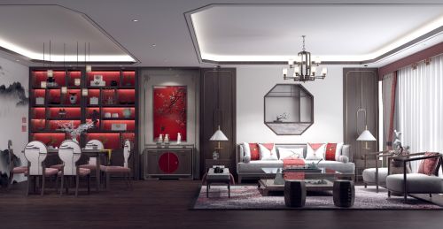 81-100m²三居新中式装修图片客厅装修效果图《中国红》新中式风格家装客餐厅