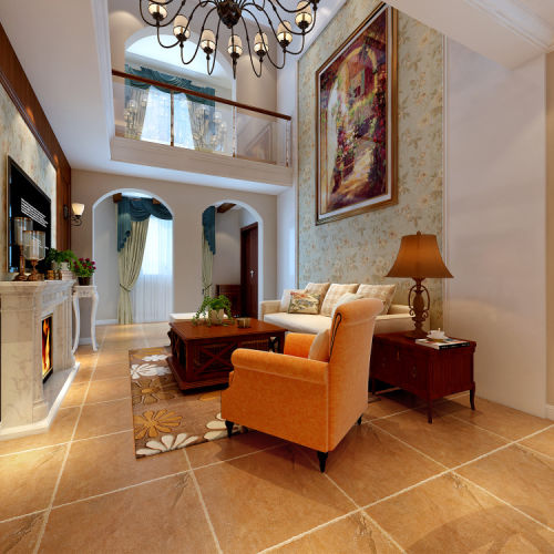 客厅装修效果图官澜墅的美式风格151-200m²复式美式田园家装装修案例效果图