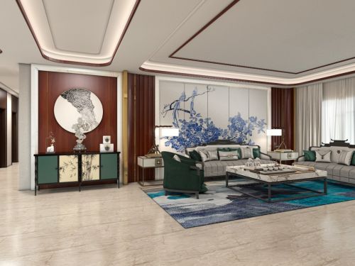 客厅装修效果图中式风格121-150m²一居中式现代家装装修案例效果图