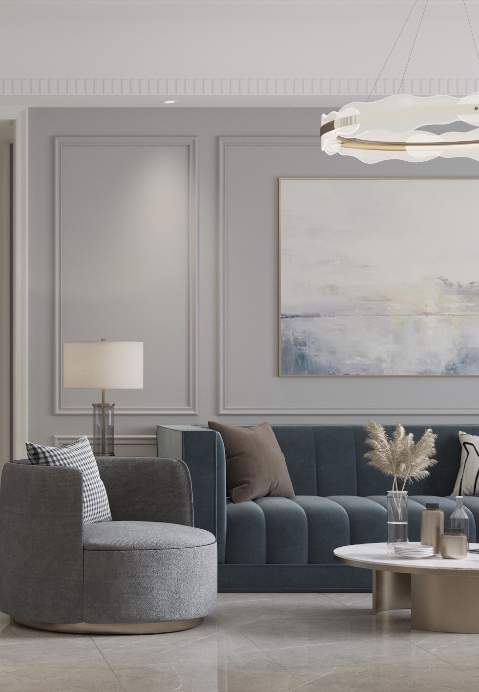 客厅沙发装修效果图灰蓝色系温馨的学区之家现代简约客厅设计图片赏析