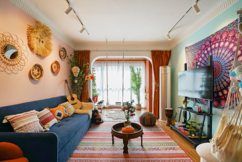 客厅装修效果图九种色彩，构成90平米的多彩生81-100m²四居及以上混搭家装装修案例效果图