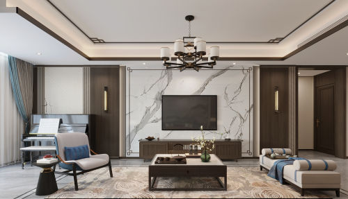 客厅装修效果图优雅而不失潮流的新中式风格151-200m²二居中式现代家装装修案例效果图