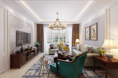 客厅装修效果图精致美式，多味生活121-150m²二居美式家装装修案例效果图