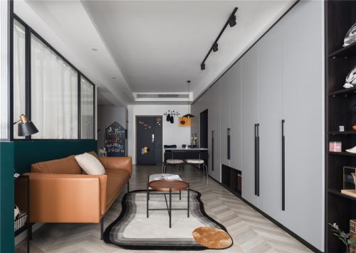 客厅装修效果图现代灰遇上复古绿，混搭出的有色61-80m²一居潮流混搭家装装修案例效果图