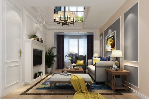 客厅装修效果图美式风格121-150m²复式美式家装装修案例效果图