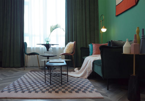 客厅装修效果图用时髦绿撞粉，玩转37平「轻奢60m²以下一居北欧极简家装装修案例效果图