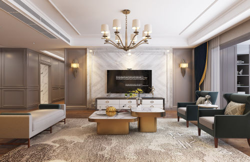 客厅装修效果图恒大绿洲大平层美式151-200m²四居及以上美式经典家装装修案例效果图
