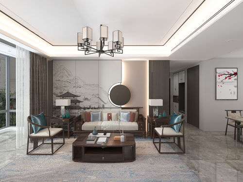 客厅装修效果图现代中式101-120m²三居中式现代家装装修案例效果图