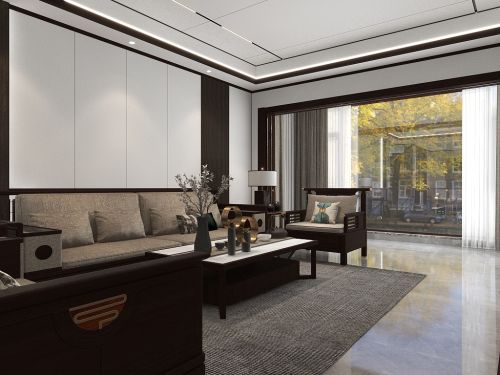 客厅装修效果图中式101-120m²二居中式现代家装装修案例效果图