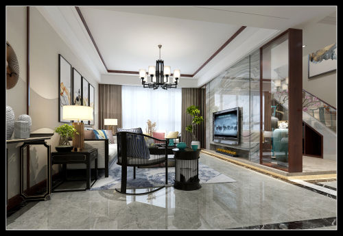 客厅装修效果图聚城峰华复式楼201-500m²复式中式现代家装装修案例效果图