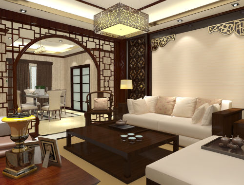 客厅装修效果图中式风格121-150m²四居及以上中式现代家装装修案例效果图