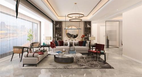客厅装修效果图115m²新中式，完美诠释空间101-120m²三居中式现代家装装修案例效果图