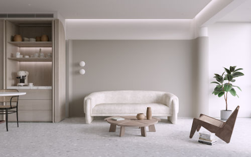 客厅装修效果图创造极简侘寂的主体气质151-200m²复式现代简约家装装修案例效果图