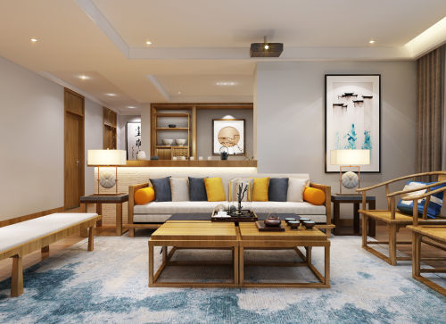 客厅装修效果图回归自然宁静的东方禅意空间151-200m²三居中式现代家装装修案例效果图