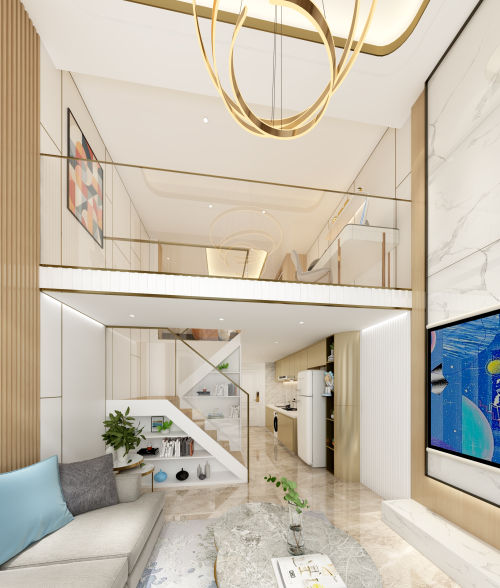 客厅装修效果图城阳青年创新公寓现代轻奢60m²以下复式家装装修案例效果图