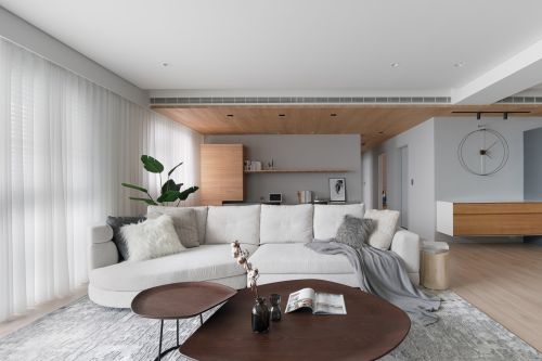 客厅装修效果图木质现代简约81-100m²三居日式家装装修案例效果图