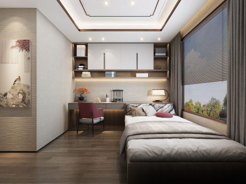 卧室装修效果图庄重、内敛新中式风格101-120m²三居中式现代家装装修案例效果图