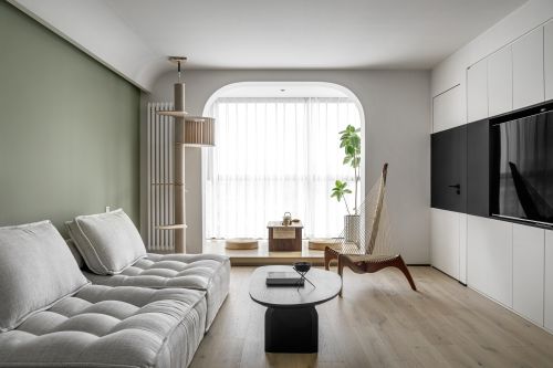 装修效果图遇见弧形、原木的120㎡的豆蔻101-120m²现代简约家装装修案例效果图